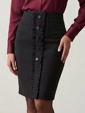 Courtenay Officially Pencil Skirt 14 Career Black Ruffled Stretch Buttons Front